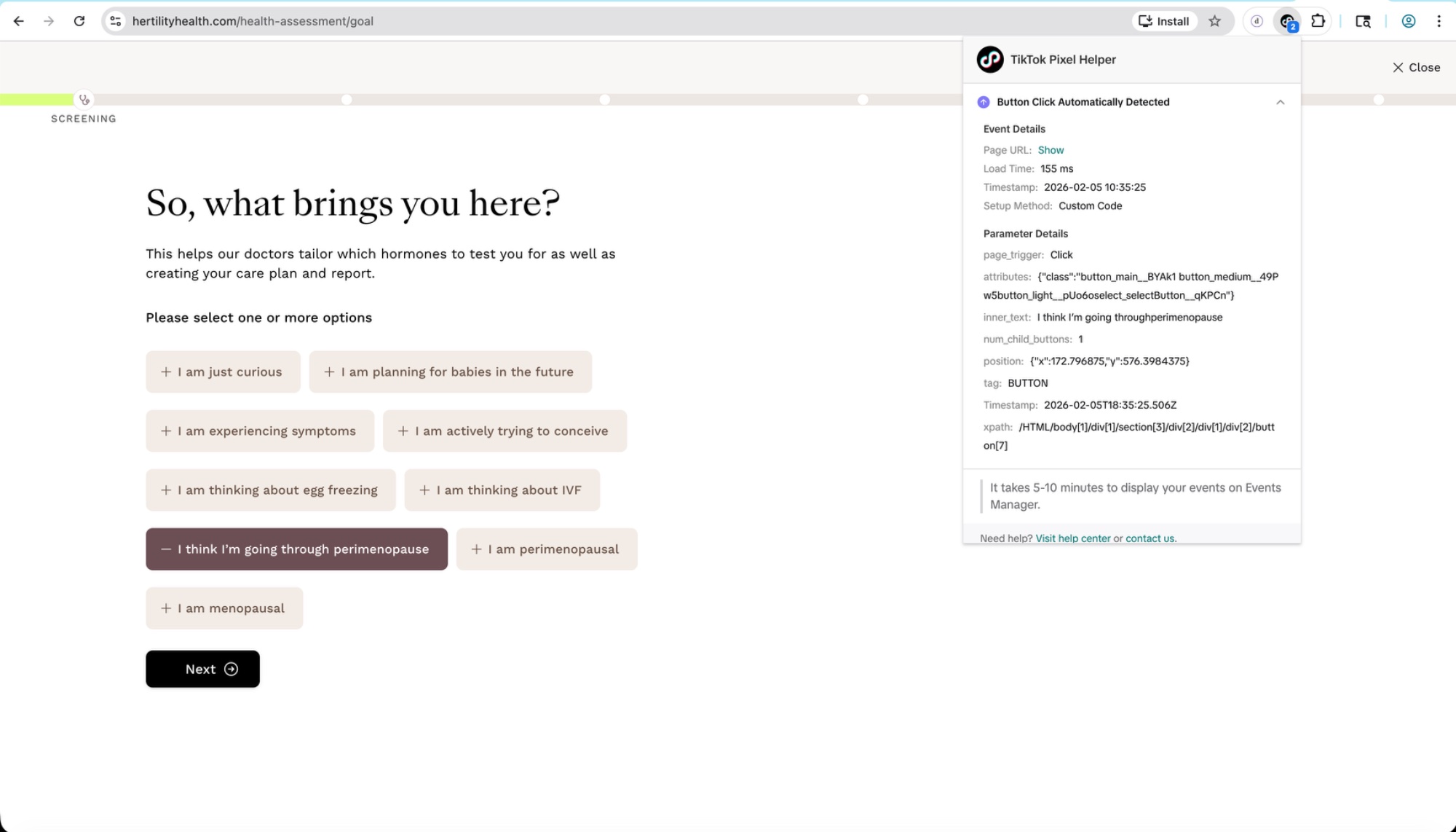 TikTok Pixel Helper showing perimenopause button click