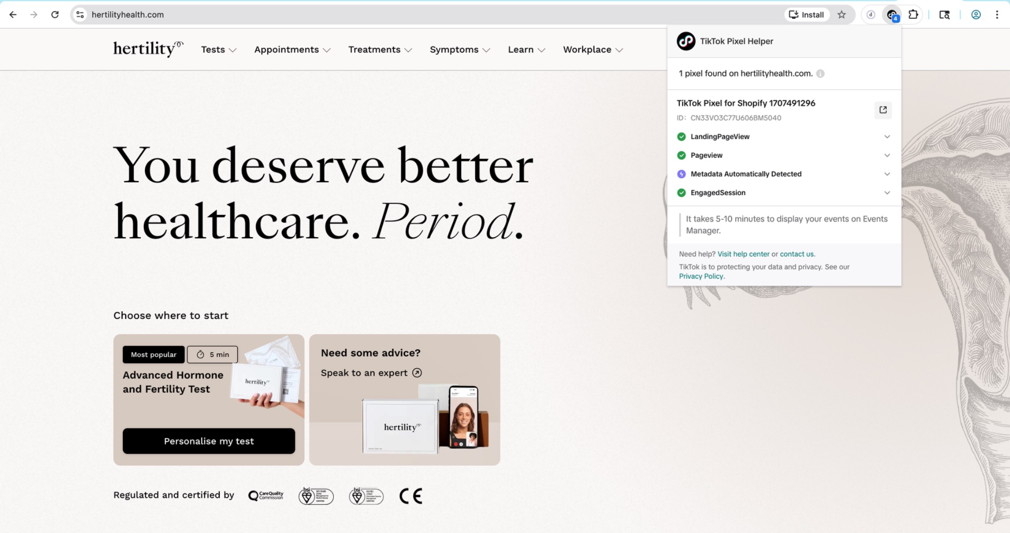 TikTok Pixel Helper showing active pixel on hertilityhealth.com