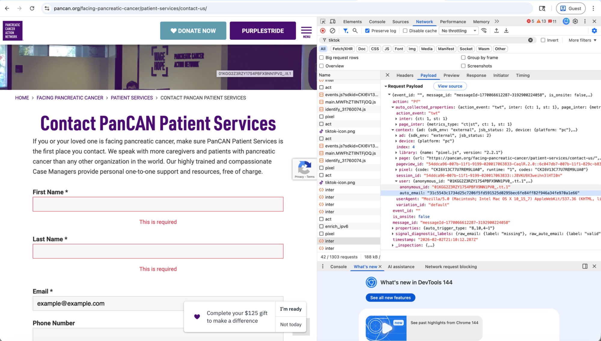 TikTok pixel capturing email on PanCAN's pancreatic cancer patient services page